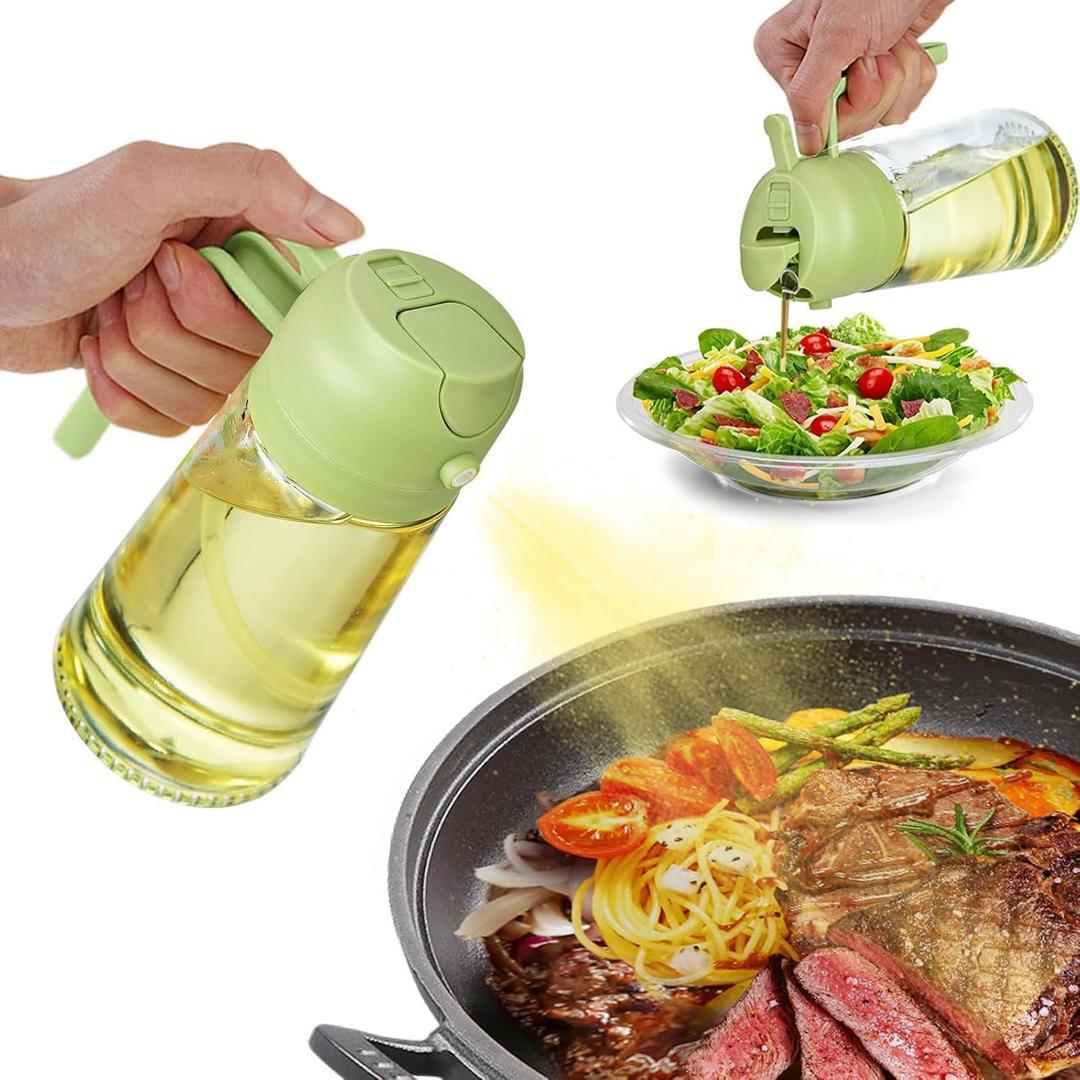 16oz/470ml Oil Dispenser and Oil Sprayer, Glass Olive Oil Pourer for Kitchen, Air Fryer, Cooking, Salad, BBQ(Green)