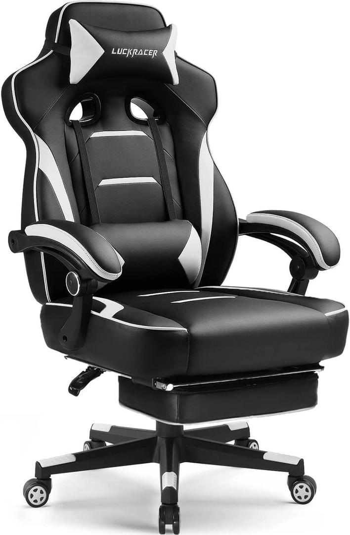 GTPLAYER Gaming Chair with Footrest, Big and Tall Game Chair 350lb Racing Style Computer Chair, Ergonomic Executive Office Chair High Back with Lumbar Support and Recliner, White
