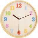 Topkey 12" Wooden Look Wall Clock Silent Non-Ticking 3D Numbers Colorful Decorative Round Clock for Living Room, Bedroom and Office Battery Not Included - Light Brown