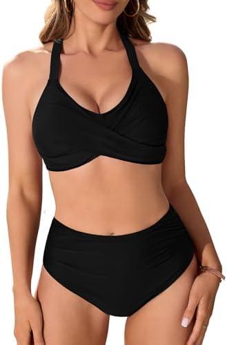 Uikue Women's Two Piece Swimsuits Full Coverage Bikini Set Tummy Control Bathing Suit Push Up V Neck Twist Front Swim Suits XXL