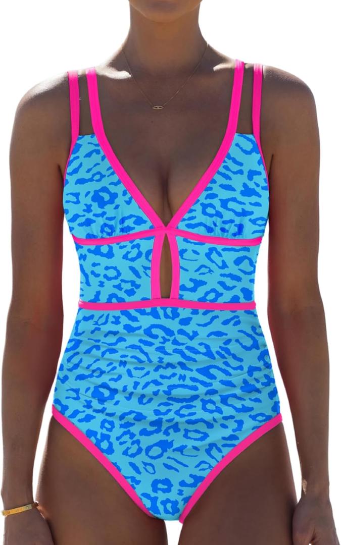Popvil Women One Piece Swimsuit 2026 Tummy Control Sexy Cutout Neon Color Block Bathing Suit Slimming Adjustable Swimwear L