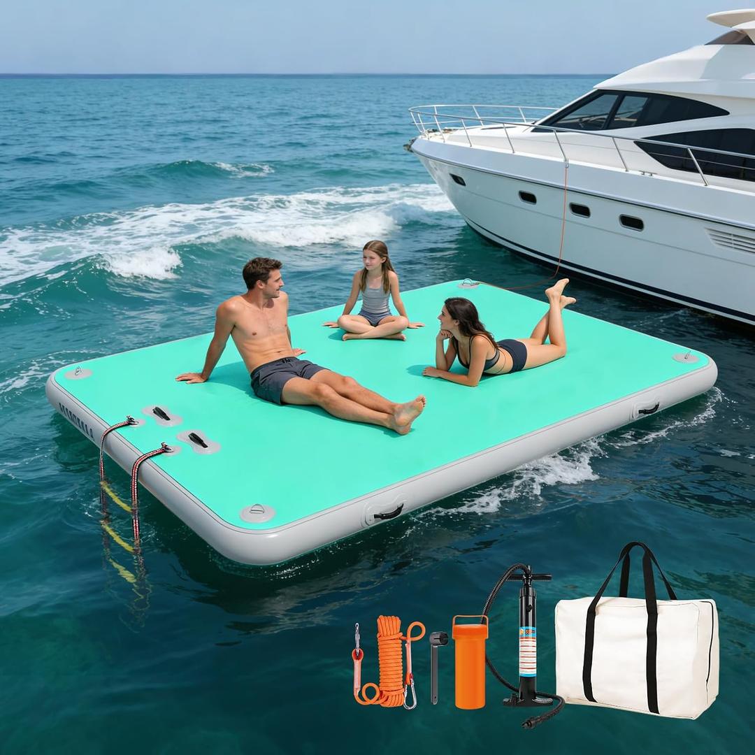 Inflatable Floating Dock, Water Island Float Raft Mat with Non-Slip Surface, 5FT/8FT/10FT Air Deck Platform, 6 Inch Thick for Pool, Lake, River, Beach, Ocean
