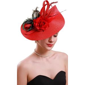 Tea Party Hats Fascinators for Women Kentucky Derby Headpiece Peacock Feather Wedding Headware Bridal Headpiece, Red