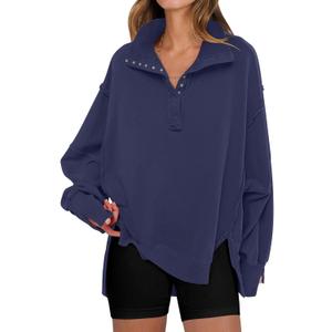 ANRABESS Women's Sweatshirts Oversized Casual Loose Button Up Henley Pullover Top High Low Split 2025 Fall Fashion Outfits (Small, Navy Blue)