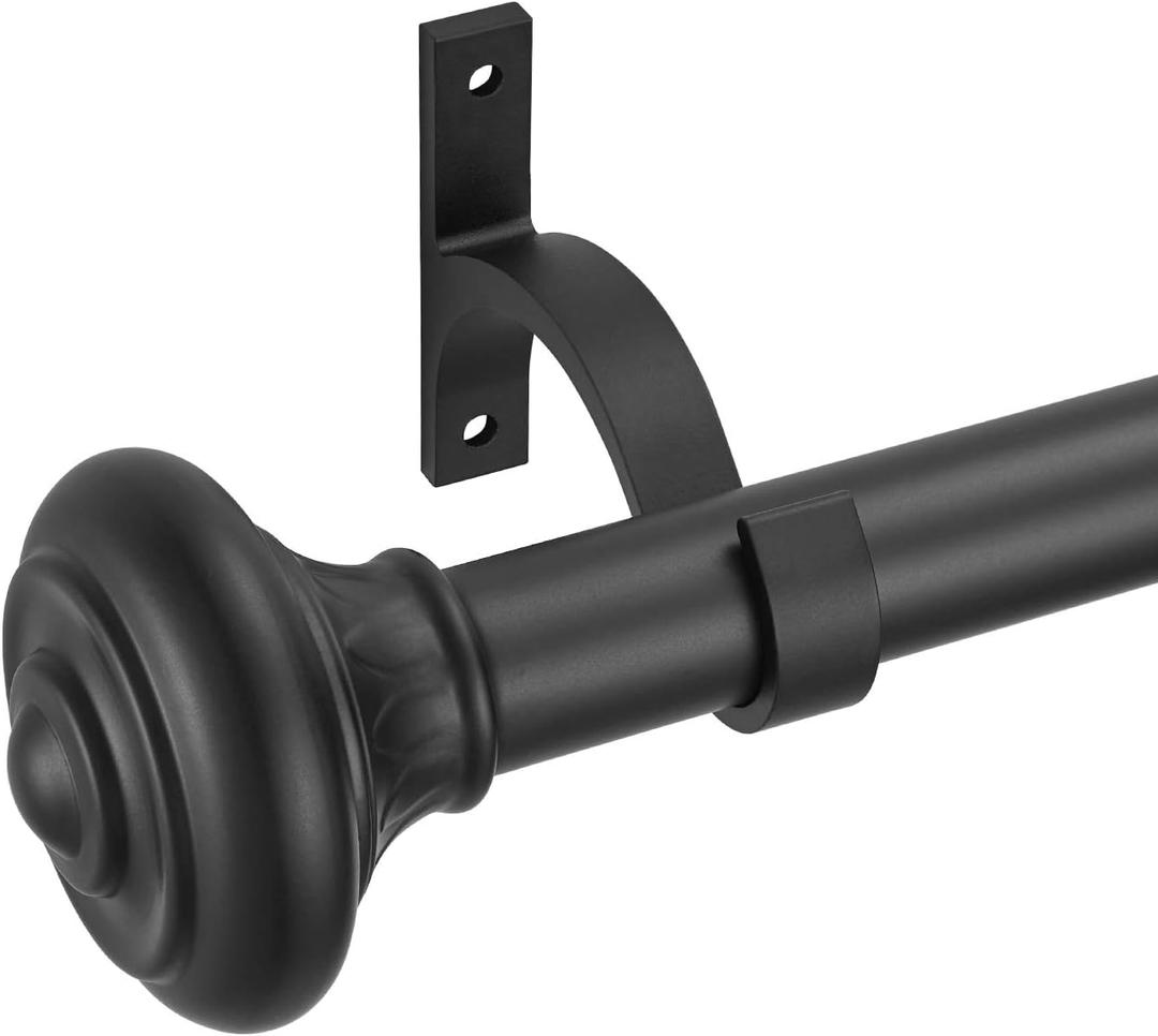 Kemmie 1" Window Treatment Curtain Rod with Decorative Pattern Urn Finials, Adjustable Length 36-72", Black