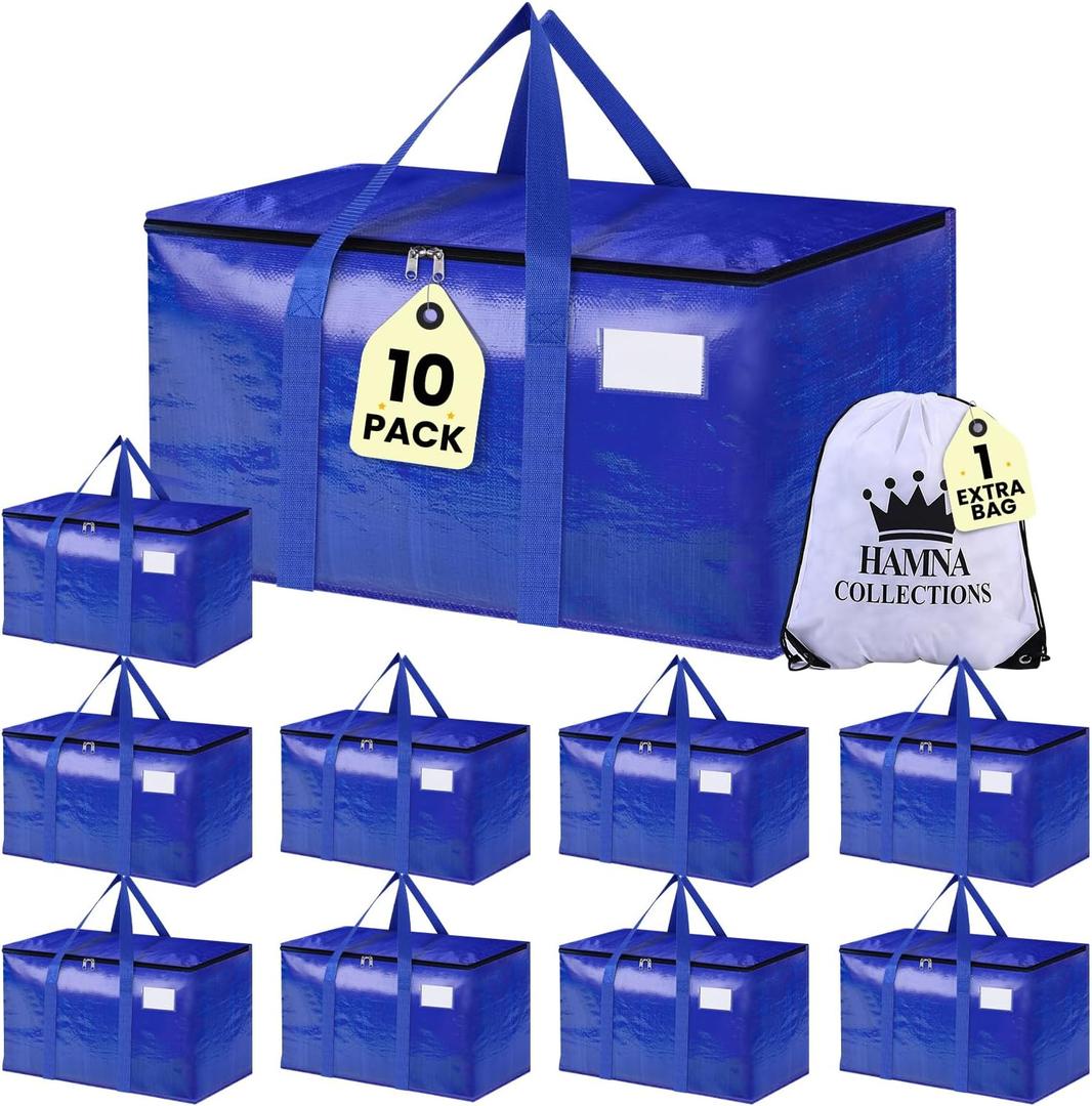 10 Pack Extra Large Moving Bags with Strong Zipper & Handles - Heavy Duty Clothes Storage Tote Bins - Moving Boxes for Space Saving, College Supplies