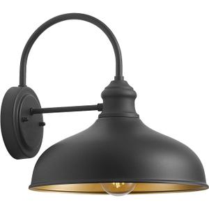 12" Outdoor Gooseneck Barn Light for Patio, Large Farmhouse Wall Mount Lights for Garage, Black Exterior Barn Porch Light Fixture with Brass Interior, Outside Wall Sconce for House