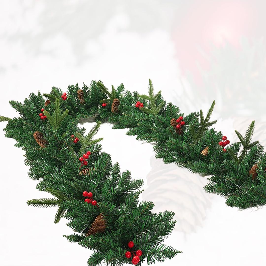 Christmas Garlands, Christmas Decorations, 9FT Pre-Decorated Winter Xmas Garland, Artificial Holiday Decor Faux Greenery for Mantle, Fireplace, Stair, Door, Indoor Outdoor with Pinecones, Red Berries
