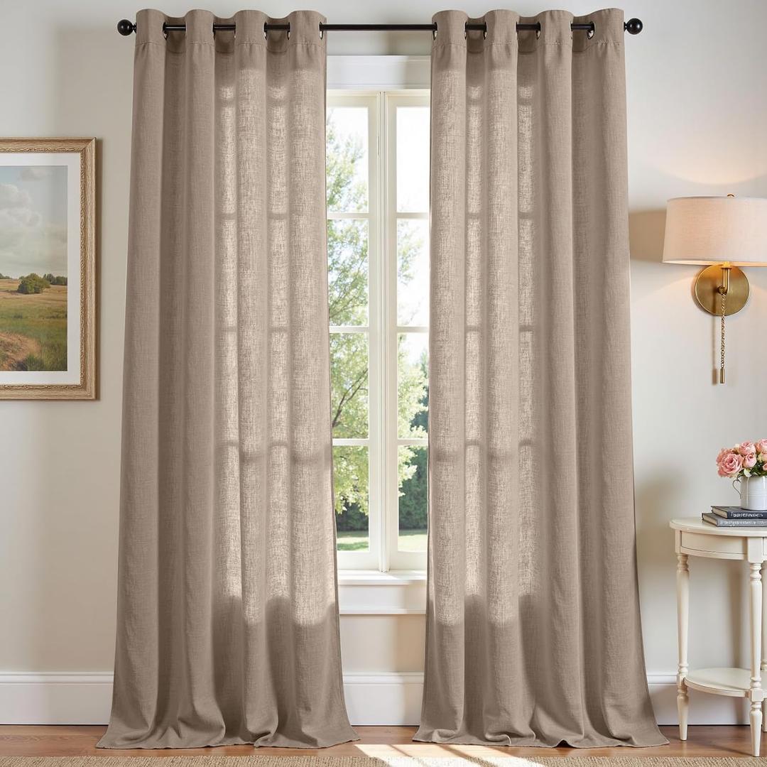 jinchan Taupe Linen Semi Sheer Curtains 96 Inch Curtains 2 Panel Set for Living Room Grommet Dark Flax Light Filtering Drapes Home Office Minimalist Decor Suitable for Bathroom and Bedroom 50x96 Inch (Tan)