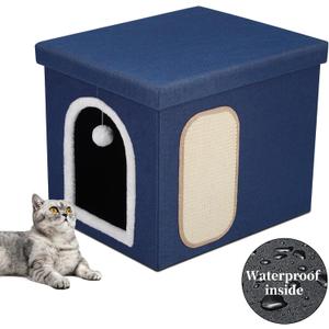 Cat Litter Box Enclosure, Foldable Hidden Litter Box with Mesh Storage Bag, Litter Box Furniture Hidden with Waterproof Inside, Easy Clean, Odor Control, Easy Assembly, 21.6L x 17.7D x 17.7H, Blue