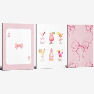 CCMXMKO Trendy Pink Bows Wall Art Preppy Cocktail Pictures Canvas Print Coquette Room Decor Aesthetic Poster Set of 3 Girly Wall Art College Apartment Wall Decor Framed16x24inch