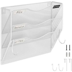 BOHDK Wall File Organizer, 3 Tire Hanging File Folder Mail Organizer, Vertical Mesh Metal Door/Wall Mount Hanging File Organizer, Paper Document Magazine Rack with Hooks for Home Office 3 Tier White