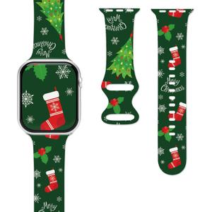 2 x Christmas Watch Bands for Apple Watch Band 38/40/41/42/44/49mm for Men Women, Silicone Waterproof Adjustable Printed Smartwatch Strap for iWatch Series 9 8 7 6 5 4 3 2 1 SE Replacement Wristband Gifts (Green Christmas Tree)