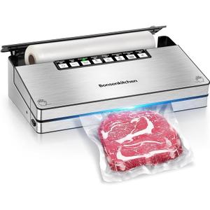 Bonsenkitchen Vacuum Sealer Machine, Sleek stainless steel appliance with 8 - in - 1 system, 6 Food Modes, Built - in cutter, Bag storage, Starter kits, Combining functionality with a stylish
