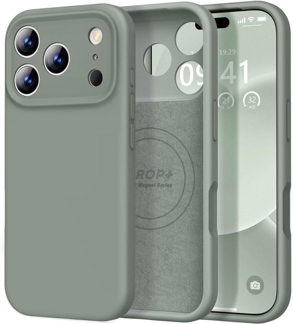 Vooii Magnetic for iPhone 17 Pro Max Case, Compatible with Magsafe (Premium Liquid Silicone) (Integrated Camera Control Button) Full Body Protective Anti-Scratch Microfiber Lining, Calke Green