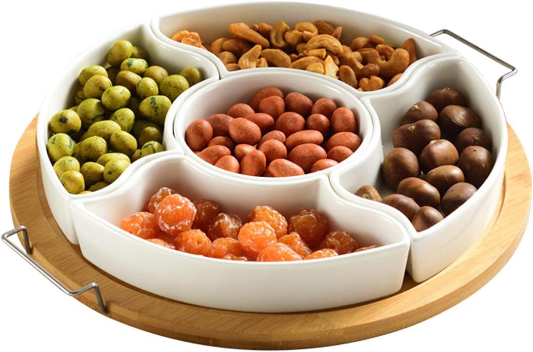yarlung 11 Inch Ceramic Divided Serving Dishes with Bamboo Platter, Appetizer Tray 5 Removable Snacks Bowls for Candy and Nut, Chips and Dips, No Lid Included