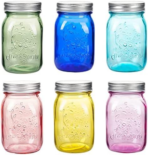 Amzcku 16 oz Colored Mason Jars with Lids，Regular Mouth Canning Jar, 6 Pack Multifunction Glass Container, for Storage, Canning, Pickling, Preserving, Fermenting, DIY Crafts & Decor