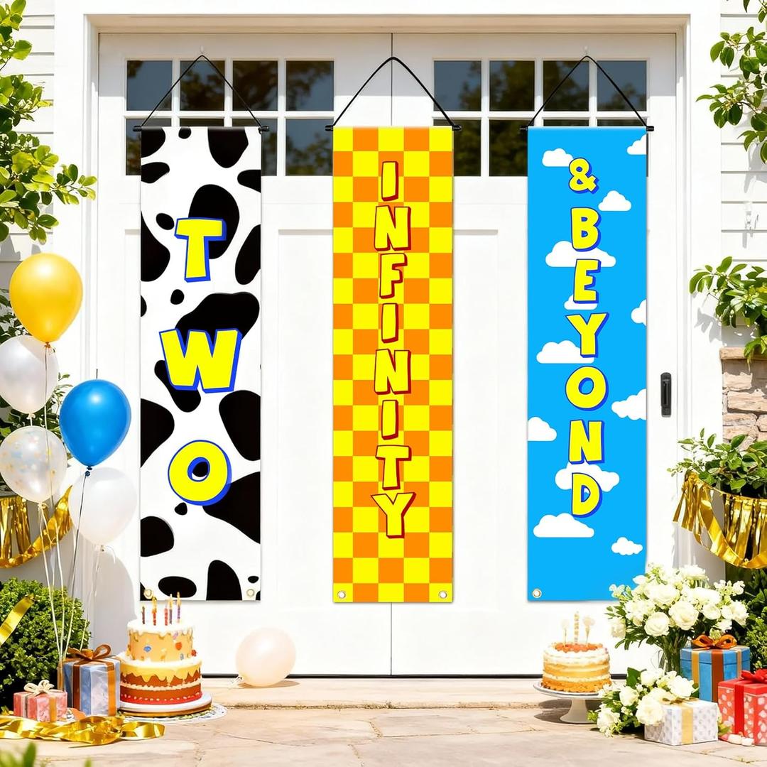 3PCS Cartoon Story Happy Birthday Door Banner Blue Sky White Cloud Cow Print Birthday Party Decor Banner Porch Sign Hanging Decoration Girl Boy Party Supplies