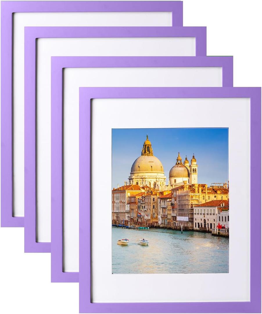 wyooxoo 11x14 Picture Frame Set of 4 Purple Made of Solid Wood Photo Frames Display Pictures 8x10 with Mat or 11x14 Without Mat Colorful Frame For Wall Mount and Tabletop Display