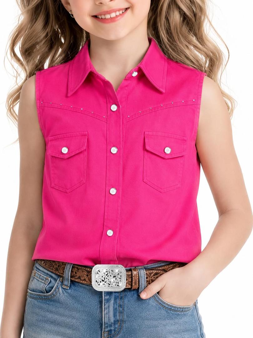 Girls Rhinestones Western Shirt Sleeveless Cowgirl Button Down Shirts Casual Blouses Tops 5-6Y (Pink)
