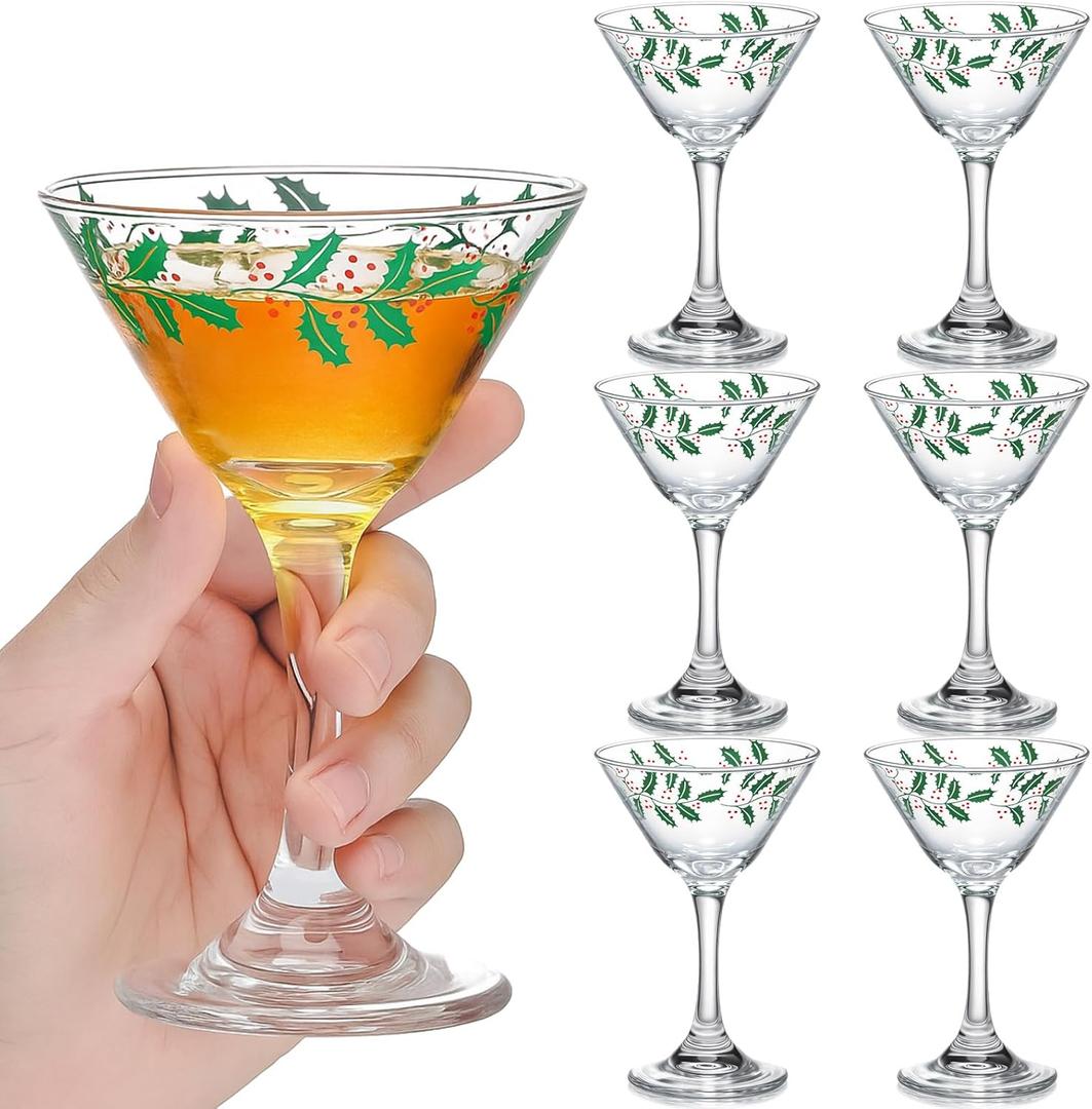 FoldTier Christmas Martini Glass Set of 6 Christmas Glass Drinkware Themed Beverage Drinking Glasses Holiday Cocktail Cup with Red & Green Holly Leaf for Xmas Holiday Party