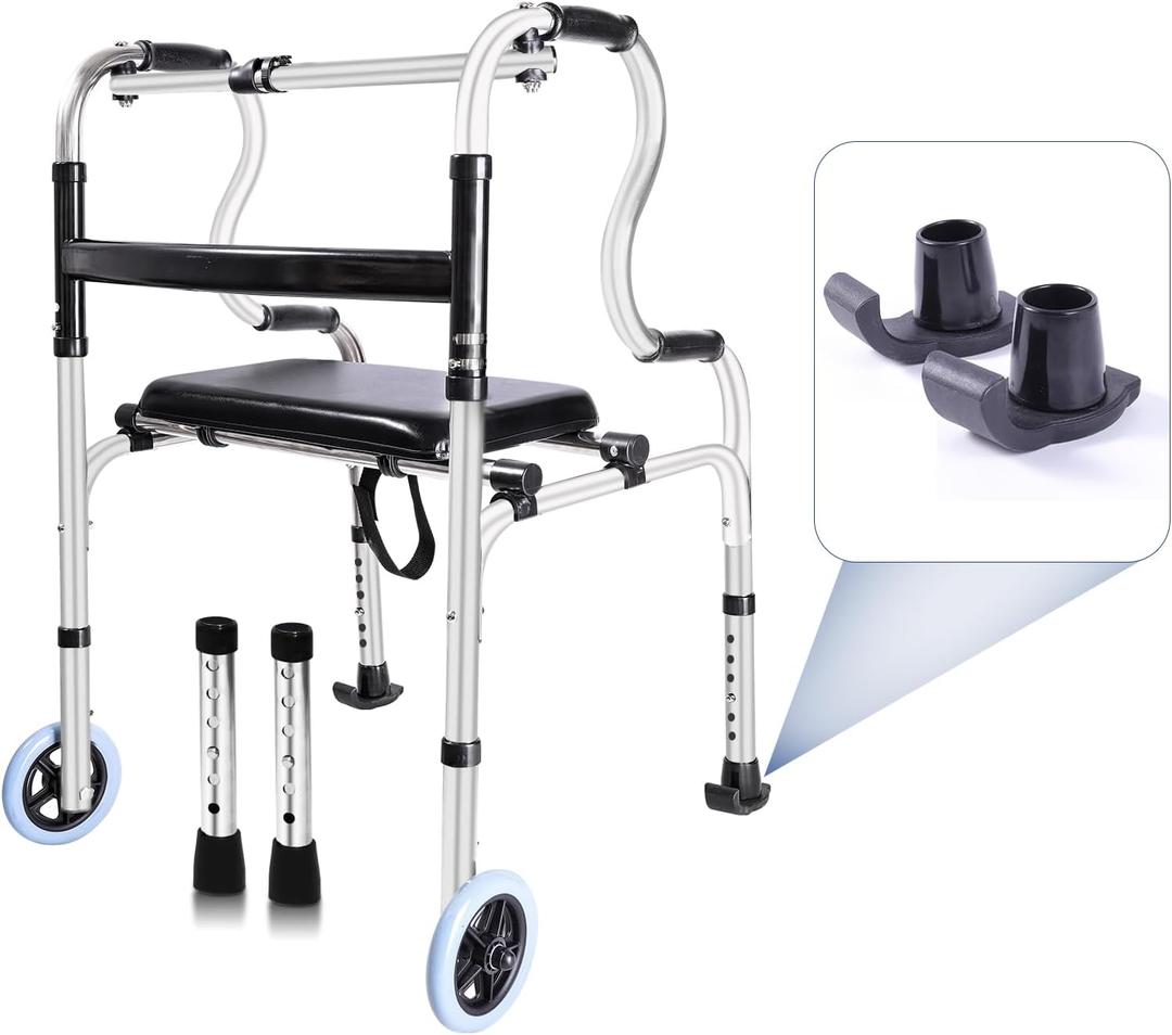 Front Wheel Walker - Walkers for Seniors with Seat, Stand Assist, Adult Folding Walker with Seat, Narrow Walkers for Small Spaces, Lightweight Stand Up Walking Aid Foldable for Adult (Silver)