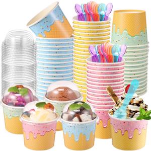 40 Pack 6 oz Ice Cream Cups with Lids and Spoons Paper Dessert Cups Colorful Sundae Bowls Disposable Ice Cream Containers for Hot Soup Spring Summer Graduation Bar Party Supplies