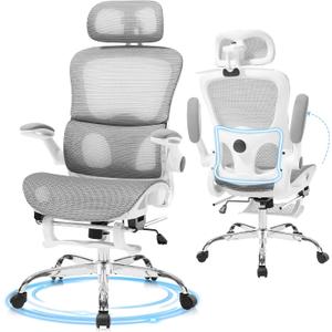 Ergonomic Office Chair, Adjustable High Back Desk Chair with Headrest Footrest 2D Lumbar Support - Executive Breathable Mesh Comfy Swivel Rolling Reclining Computer Task Chairs for Home Office Gaming, Whit
