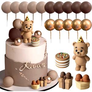19PCS Brown Bear Cake Decoration Baby Bear Baby Shower Cake Topper Brown Balls Cake Topper Baby Shower Birthday Cake Decoration