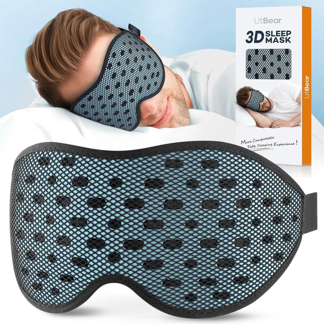LitBear Breathable Sleep Mask, 3D Eye Mak Sleep for Side Sleepers Women Men, Light Blocking Sleeping Mask with Adjustable Strap, Soft Lightweight Eye Cover for Travel, Night Work, Nap -Ice Blue