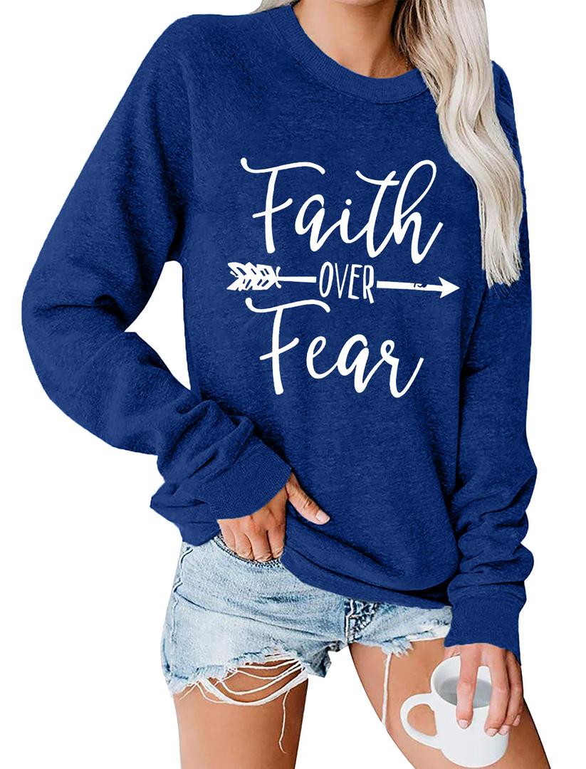 KNEYATTA Women Christian Sweatshirt Faith over Fear Shirt Christian Religious Crewneck Long Sleeve T-Shirt Deep Blue (XXL)