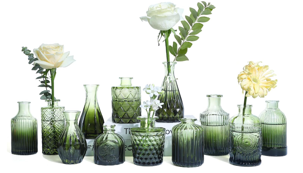 Green Glass Bud Vases Set of 12, Mini Flower Vase for Centerpieces, Small Glass Vases in Bulk for Wedding Decorations, Vintage Vase for Bridal Shower, Party, Recepetion, Home Table Décor