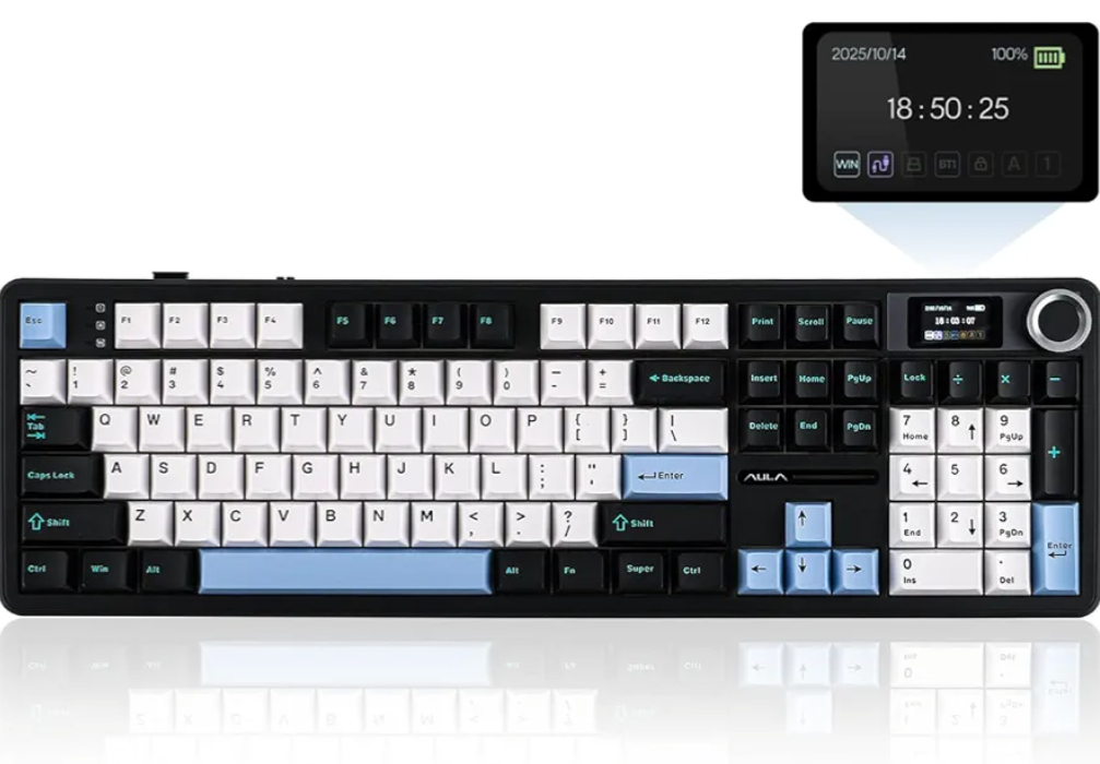 EPOMAKER X Aula F108 PRO Wireless Gaming Keyboard with Screen, 8000mAh Battery, 104 Hot-Swappable and Programmable Keys and Knob, RGB Backlight, for Mac/PC/Android (Blue&White&Black)