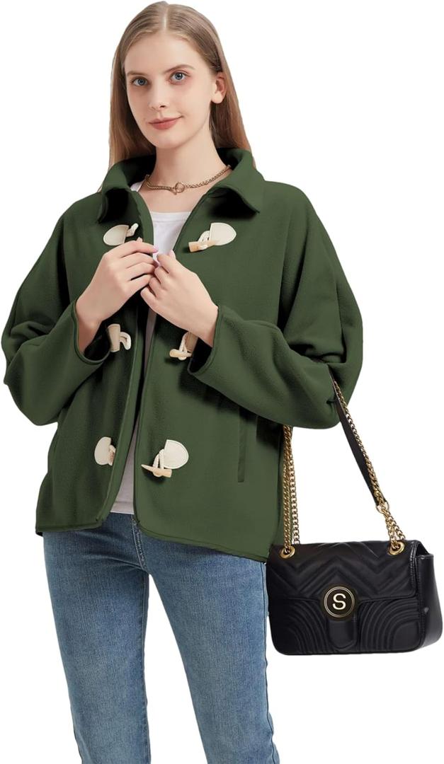 Women's Soft Polar Fleece Jacket Lightweight Long Sleeve Horn Button Warm Shacket Coat Comfortable Outerwear (Green, L)
