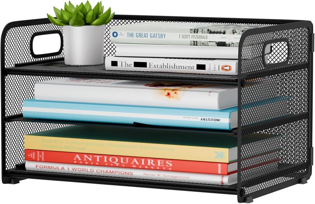 3 Tier Paper Letter Tray Organizer for Desk, Mesh File Folder Document Organizer with Handle for Home Office Supplies Desktop Accessories, Black