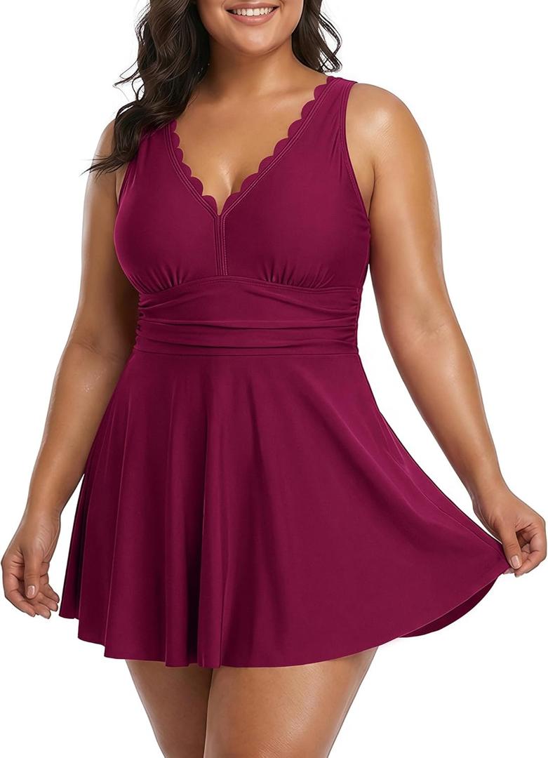 Charmo Plus One Piece Swimsuit with Skirt Ruched Tummy Control Bathing Suit Swim Dress Modest Curvy Swimwear Dark Red 2X