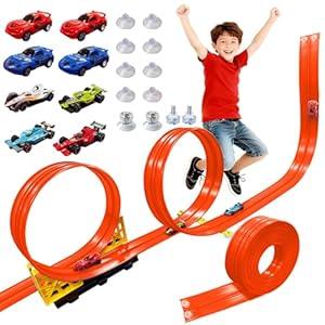16.5 Ft Flexible Race Track for Kids  Compatible with Hot Wheels 1/64 Diecast Cars  Includes 8 Racing Cars & SuperGrip Gravity Ramp Rollable Portable DIY Track Toy, Gift for Boys Girls 38, Orange