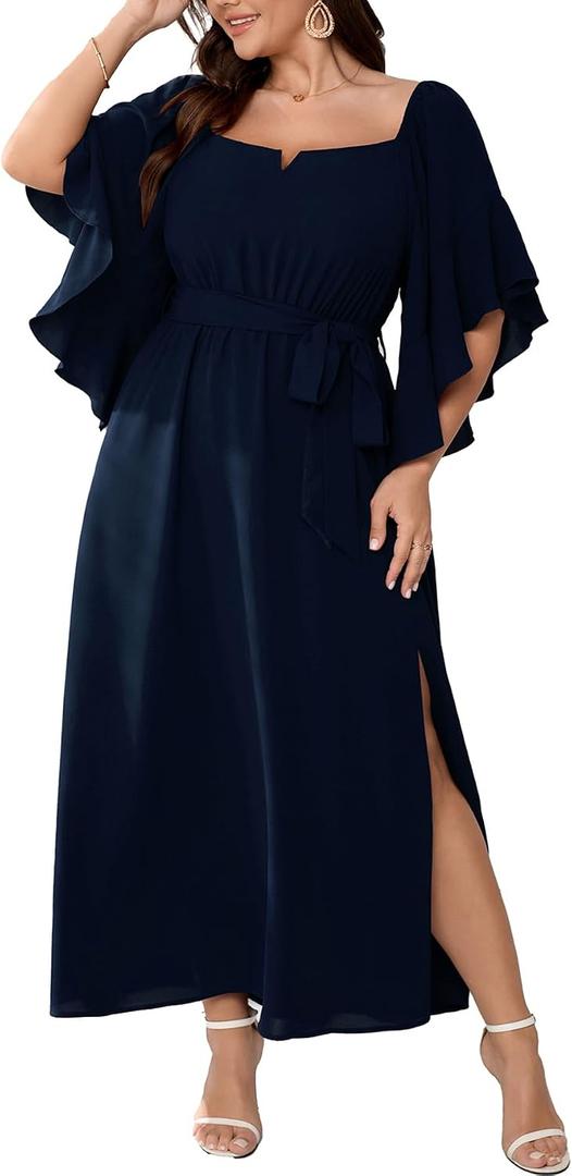 SCOMCHIC Women Plus Size Wedding Guest Maxi Dress Square Neck Ruffle 3/4 Sleeve Belted Slit A Line Formal Long Dresses (Blue, XXL)