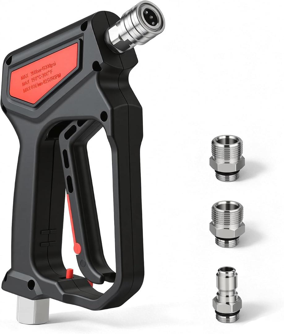Short Pressure Washer Gun for Car Wash, Foam Cannon, Driveway | 5000 PSI Max, 10.5 GPM, 300F High Temp, 1/4" Quick Connect, 3/8" & M22-14mm & M22-15mm Adapters, Stainless Steel and Brass