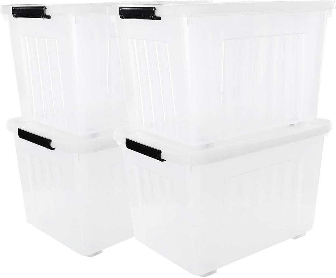 Cand 50 Quart Clear Plastic Box with Wheels, Large Lidded Storage Bins, 4 Packs