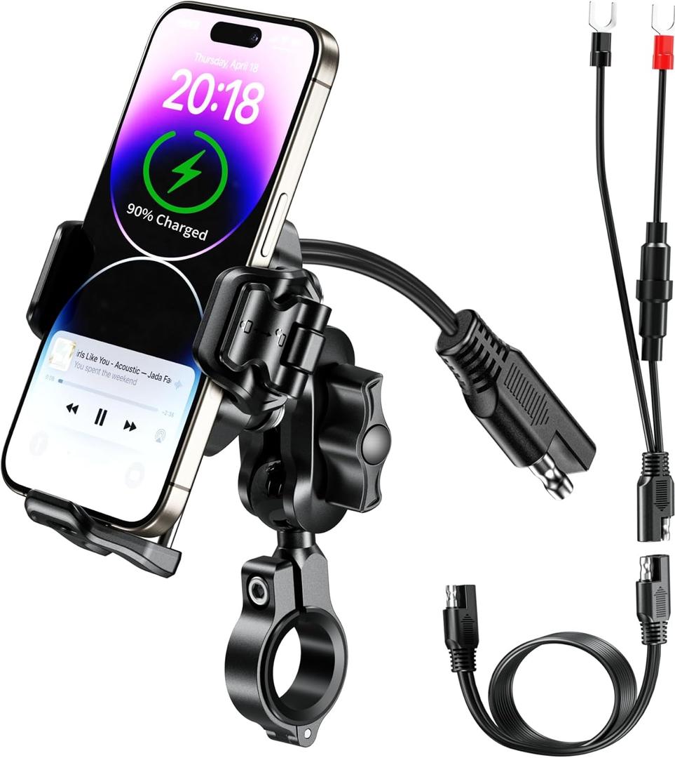 BRCOVAN Motorcycle Phone Mount Handlebar Holder with Qi 15W Wireless Charger & 36W PD/USB C Fast Charging Port, Anti-Theft, with Vibration Dampener, 1s Lock & Release, Camera Friendly, Adjustable Size