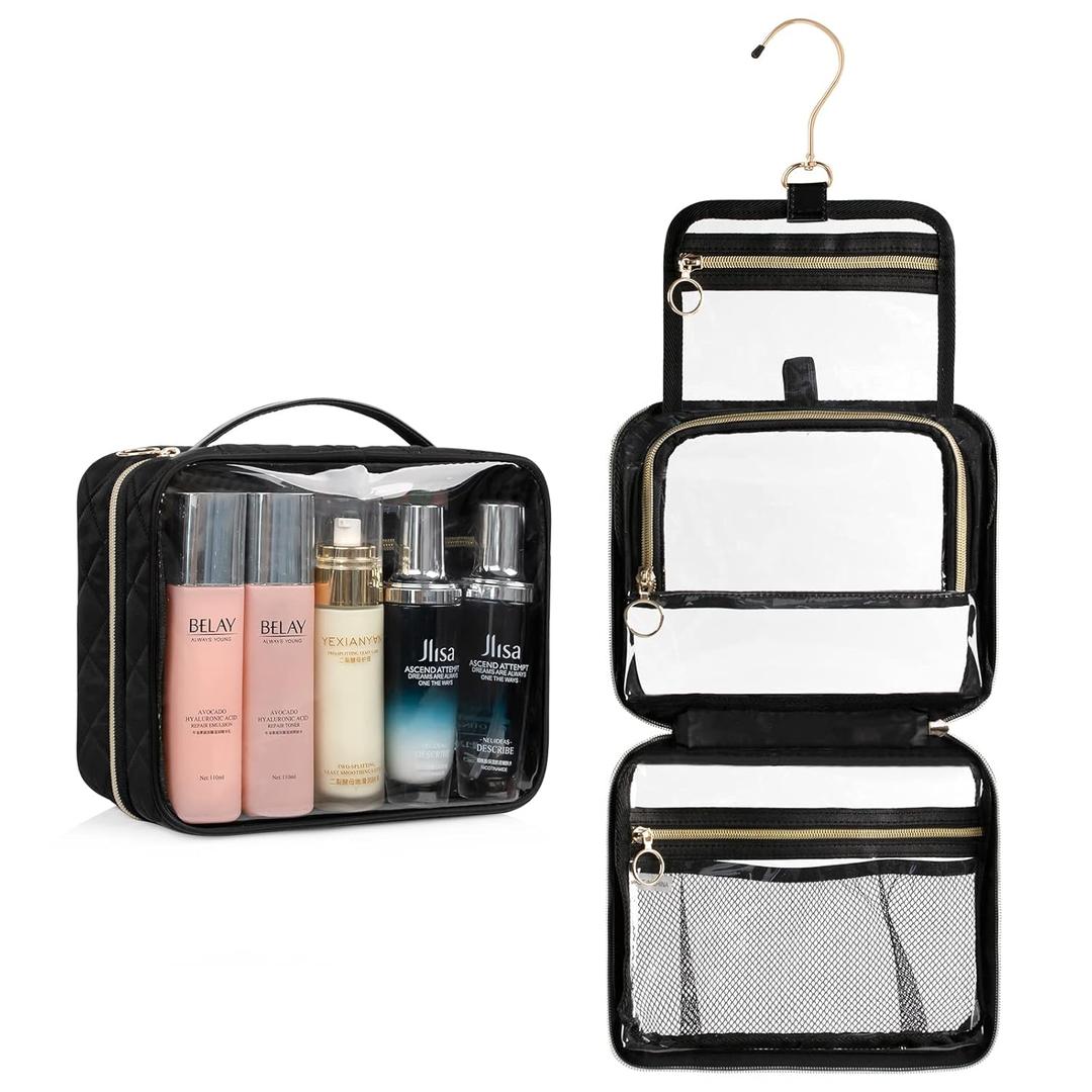 CUBETASTIC Clear Toiletry Bag, Transparent Travel Makeup Bag Small Hanging Travel Bag Portable Cute Cosmetic Organizer Waterproof Make Up Case (23cm9.05-Inch, Half Clear Rhombus Black)