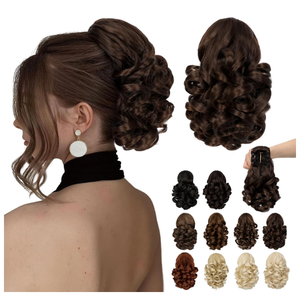 Ponytail Extension, 9" Short Claw Clip Ponytail Extension Curly Wavy Jaw Clip on Pony Tails Hair Extension Synthetic Hairpiece for Women,Medium Brown Mix