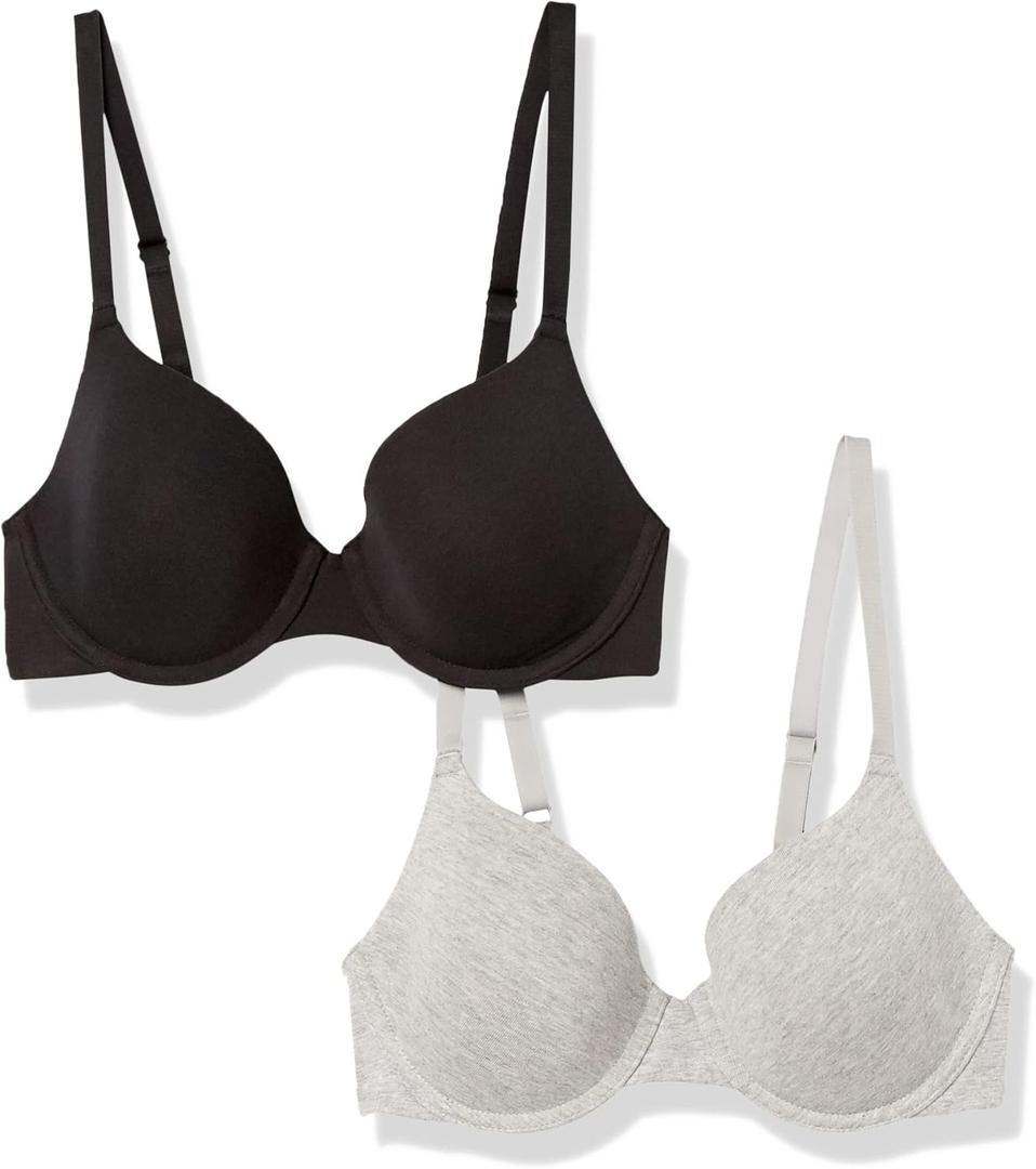 Amazon Essentials T-Shirt Bras for Women, Comfortable Underwire, Pack of 2 (30D, Black/Grey Heather)