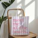 Beach Tote Bag, Summer Canvas Striped Tote Bags for Women, Meet Me At The Beach Aesthetic Shopping Bag (Pink&purple)