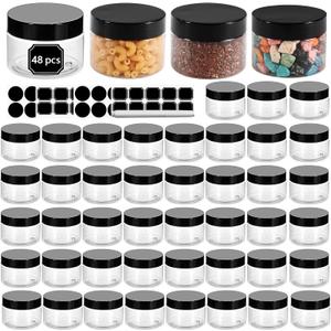48 Pack 120ml 4 oz Empty Clear Plastic Jars with Black Lids, Refillable Round Containers for Slime,Beauty Products, powder, Cream, Scrubs, Cookie,Dried Fruit. Include 1 Pen and 120 Labels.