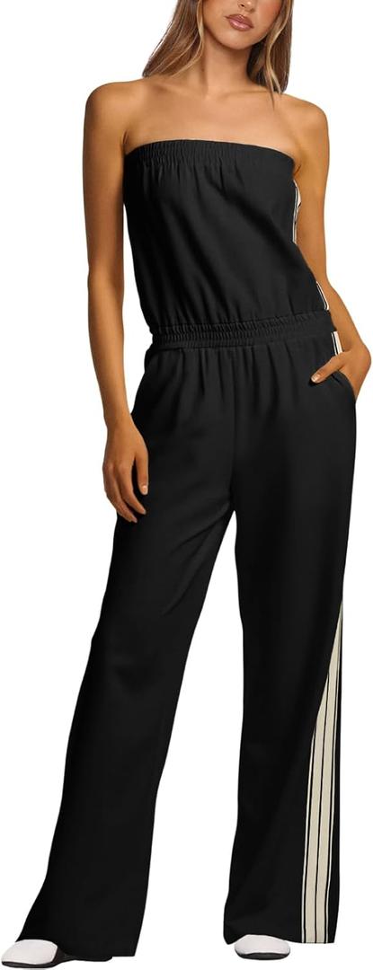 Womens Strapless Jumpsuit Casual Wide Leg Jumpsuits For Women Tube Top Off Shoulder Beach Vacation Summer Outfits (Black)