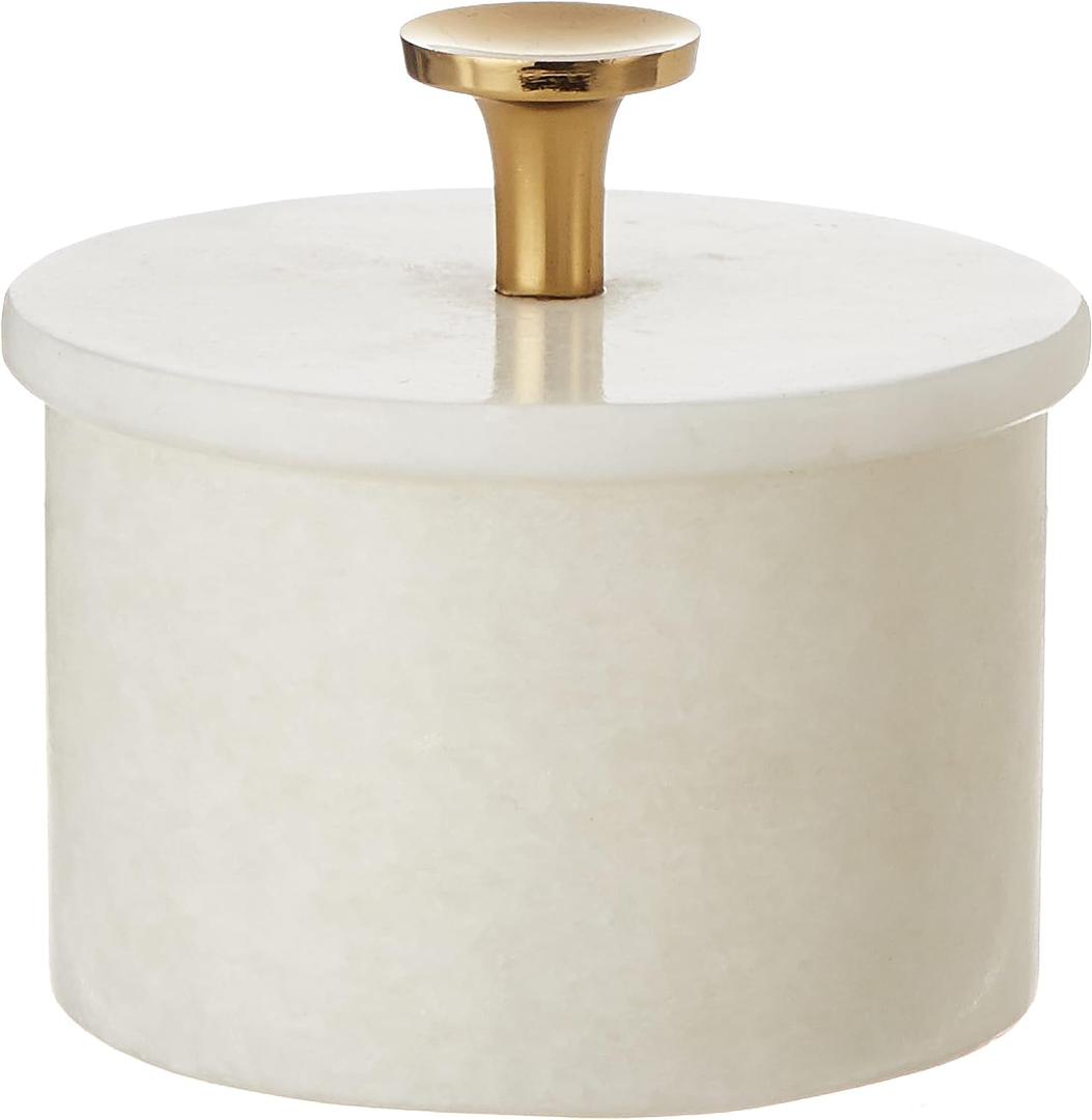 Queenza Salt Cellar with Lid & Brass Knob - 3 Inch White Makrana Marble Salt Bowl, Salt Dish for Kitchen and Dining - Multipurpose Small Box with Lid