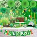 St. Patricks Day Party Decorations Set, Green Lucky Theme Decor with LUCKY Banner, Clover Hanging Swirls with Cutouts, Paper Fans & Tissue Pom Poms, Party Supplies for Home Office Classroom