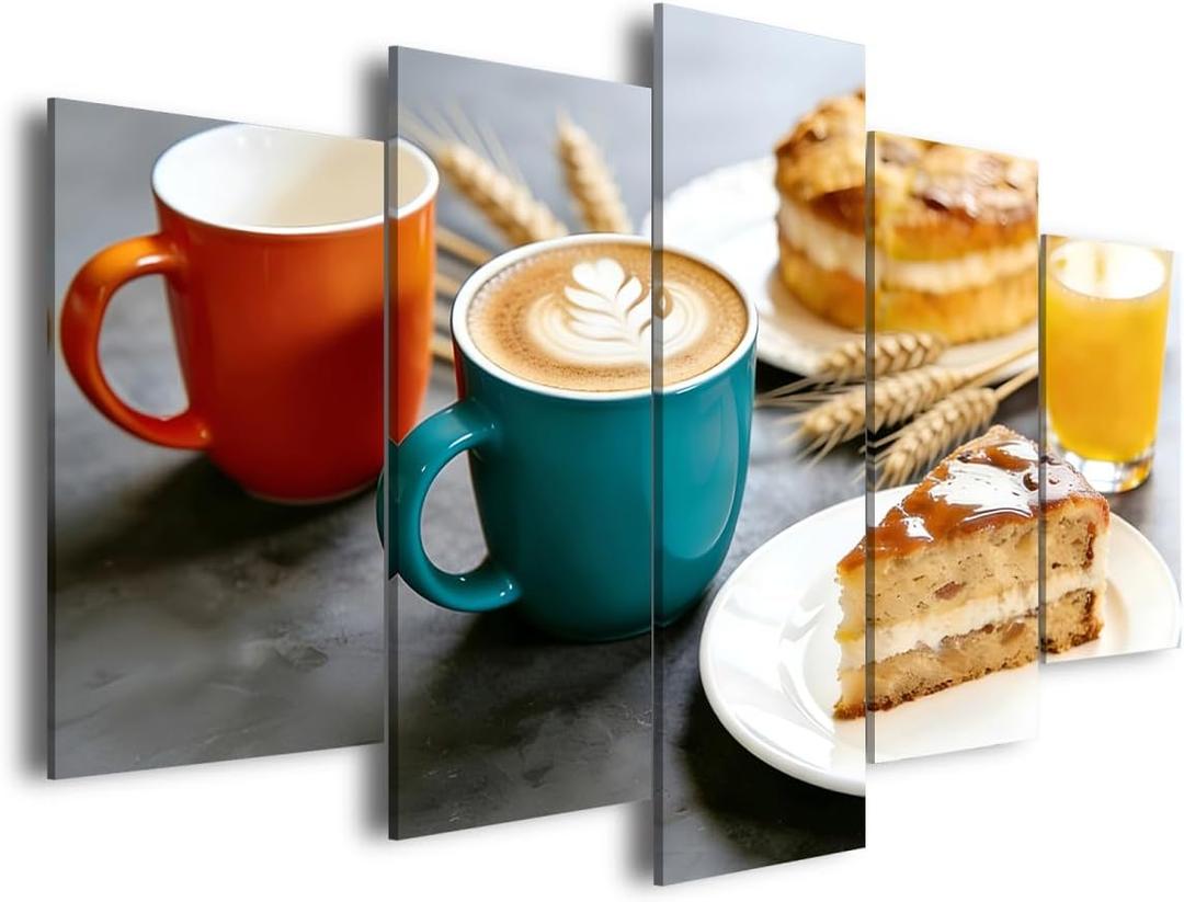 AWLXPHY Decor Coffee Breakfast Wall Art 5 Piece Framed Canvas Prints 40"x20" Kitchen Food Wall Decor for Dining Room Cafe Restaurant Ready to Hang